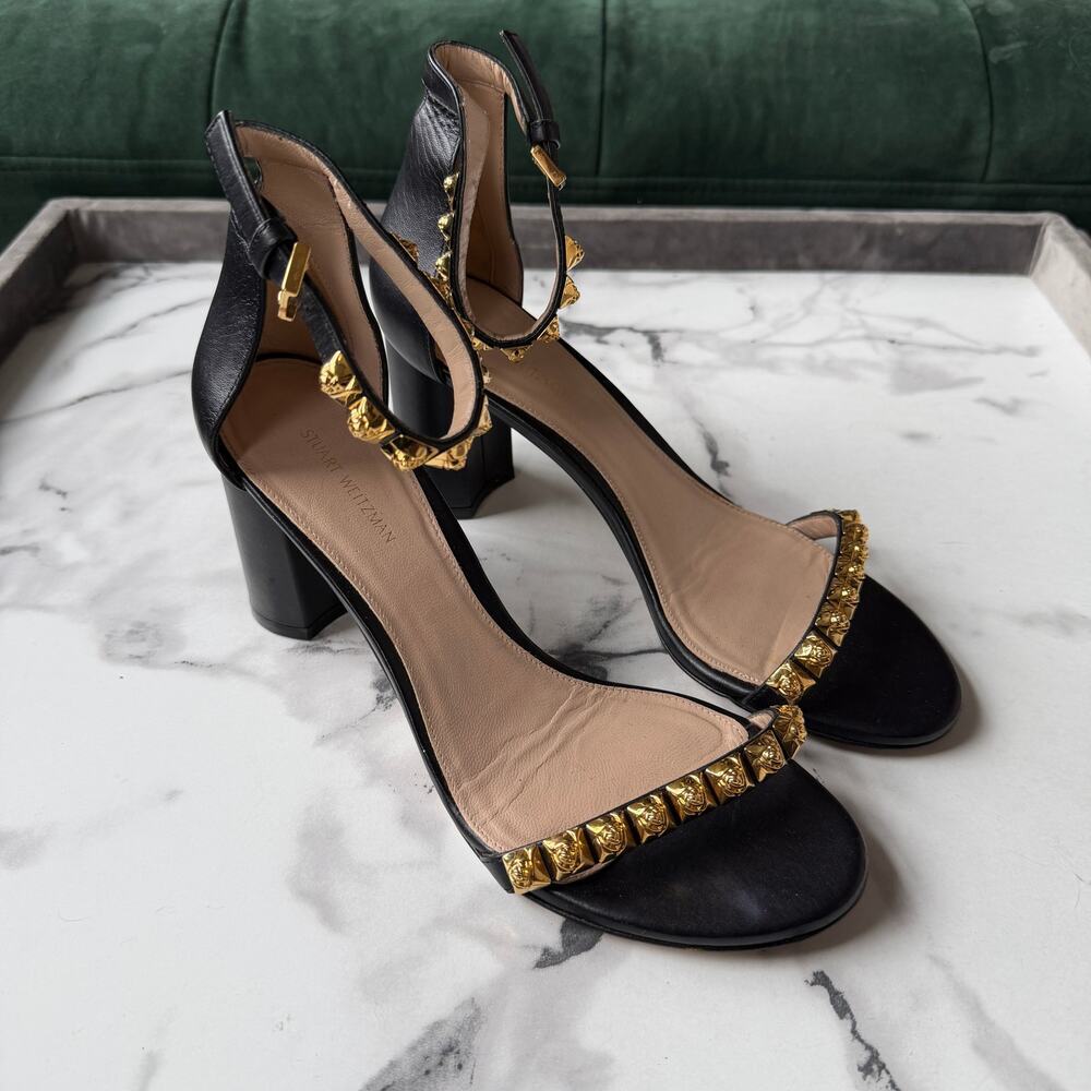 Stuart Weitzman Rosemarie Black Leather Studded Sandal Heels Size 9.5 - Picture 2 of 10